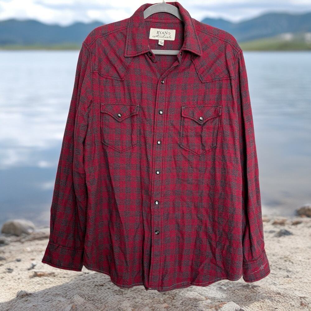 Ryan Michael ruby plaid western pearl snap shirt large cowboy ranch rodeo